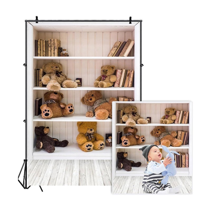 AOFOTO 6x8ft White Bookshelf with Teddy Bears Photography Backdrop Vintage Books Bookcase Wood Floor Background Study Room Decor Indoor Kid Newborn Baby Boy Infant Portrait Photoshoot Studio Props - Image 2